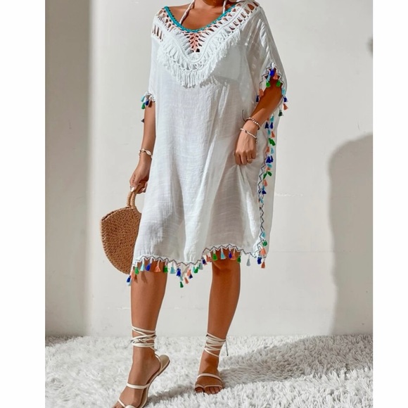 NEW! 🌴Vacation🌴 Boho vibe, tassel trim, crochet, tie back / beach coverup - Picture 5 of 9